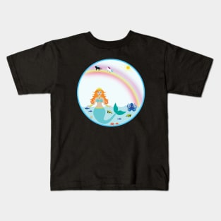 Mermaid in Sea with fish octopus crabs turtles unicorns and rainbow Kids T-Shirt